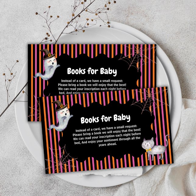 Tarjeta De Recepción Libros Modernos De Gato Ghost Boo Para Baby Shower (Modern Little Boo Ghost Cat Books For Baby Shower Enclosure Card)