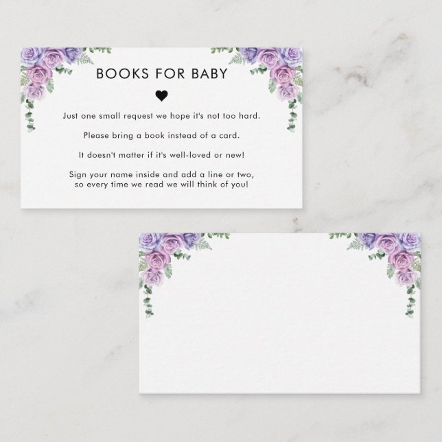 Tarjeta De Recepción Libros morados de flores rosadas para Baby Shower  (Anverso / Reverso)