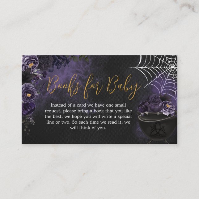 Tarjeta De Recepción Libros morados góticos de Baby Shower para bebé (Anverso)