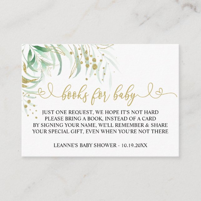 Tarjeta De Recepción Libros para Baby Greenery Green y Gold Baby Shower (Anverso)