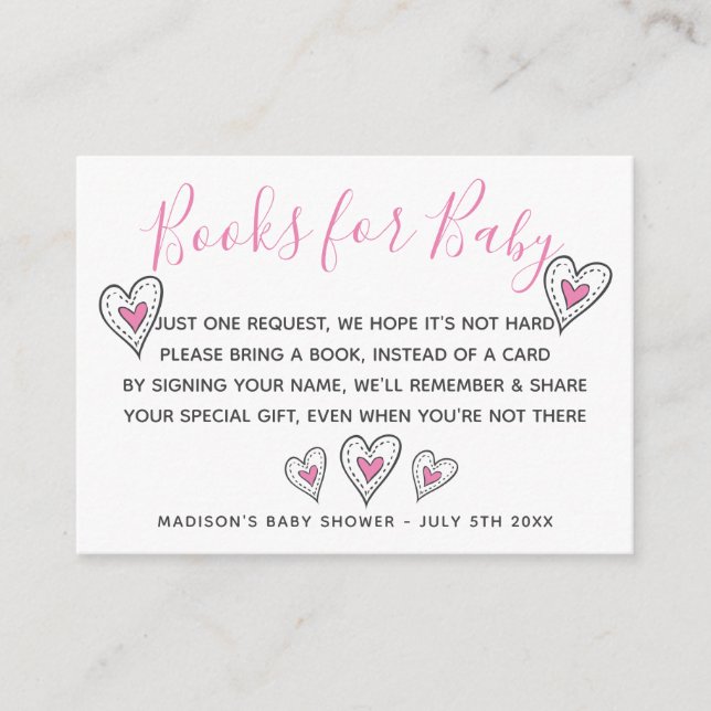 Tarjeta De Recepción Libros para Baby Pink Love Hearts Baby Shower (Anverso)