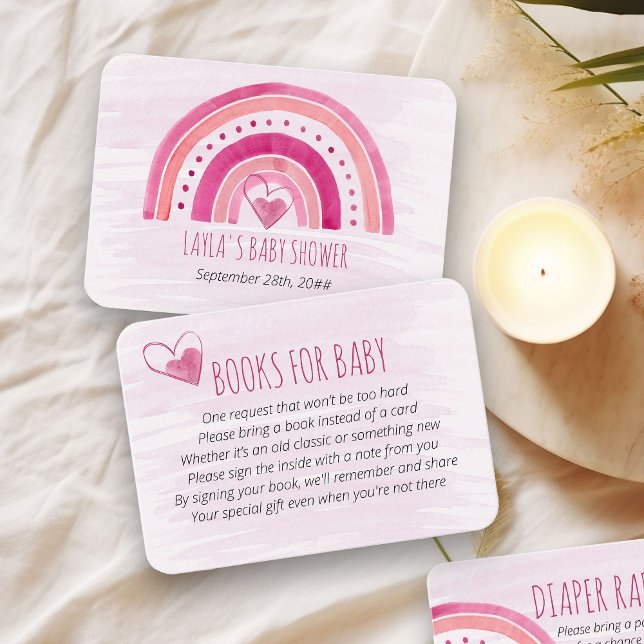 Tarjeta De Recepción Libros para Baby Pink Rainbow Baby Shower (Books for Baby request card with pink rainbow)