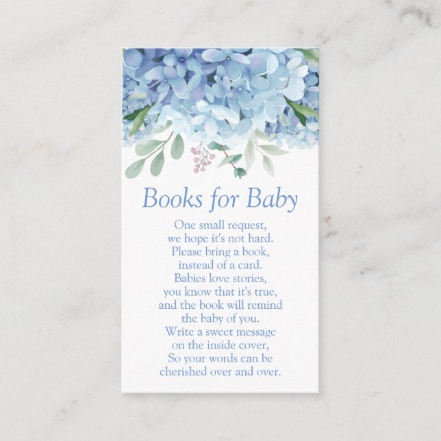 Tarjeta De Recepción Libros para baby shower de Hortensias Azules para  (Anverso)