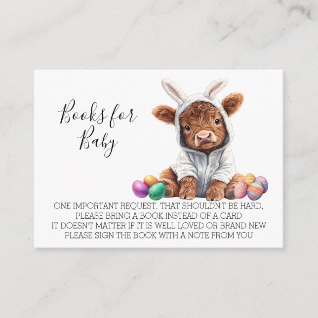 Tarjeta De Recepción Libros para Baby Shower Easter Bunny Highland Cow (Anverso)