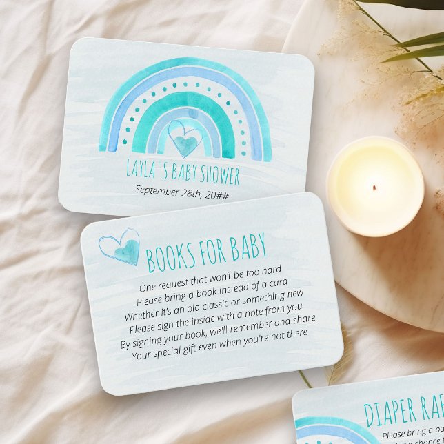 Tarjeta De Recepción Libros para Baby Turquoise Rainbow Baby Shower (Books for Baby request card with blue rainbow)