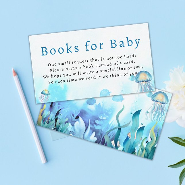 Tarjeta De Recepción Libros para Baby Under Sea Blue Boy Baby Shower (books for baby under the sea enclosure card boy baby shower watercolor jellyfish seaweed fish blue)