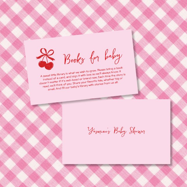 Tarjeta De Recepción Libros Para Bebé Bow Cherry Pink & Red Hand Drake (Books For Baby Bow Cherry Pink & Red Hand Drawn Enclosure Card)