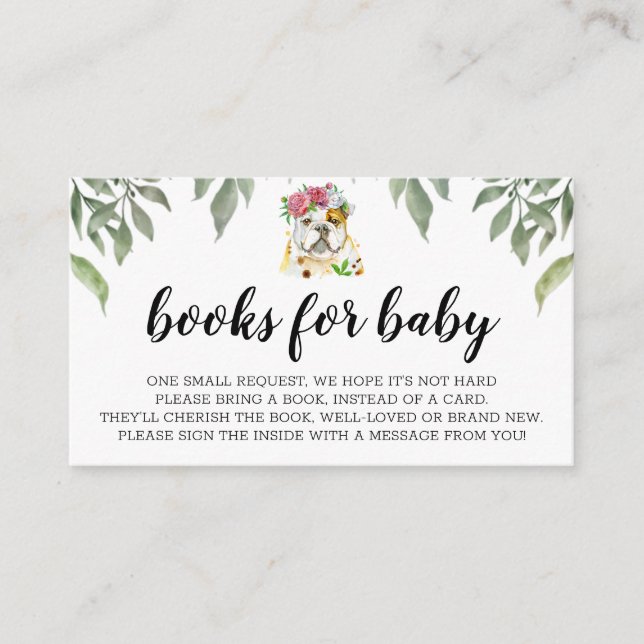 Tarjeta De Recepción Libros para bebé Bulldog inglés Boho Greenery (Anverso)
