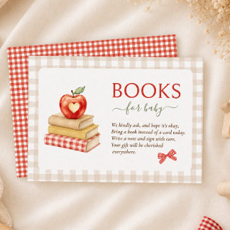 Tarjeta De Recepción Libros para bebé con tema de manzana roja a cuadro