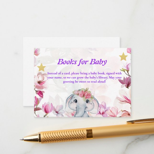 Tarjeta De Recepción Libros para bebé elefante floral Insertar tarjeta. (Anverso/Reverso In Situ)