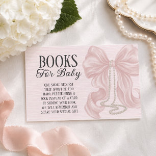 Tarjeta De Recepción Libros para bebé en baby shower con lazo rosa