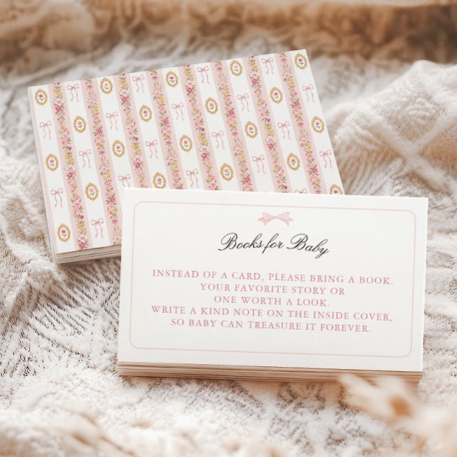 Tarjeta De Recepción Libros para bebé en la fiesta de shower de bebé fl (Vintage Bow Pink Floral Girl Baby Shower Books for Baby enclosure card)