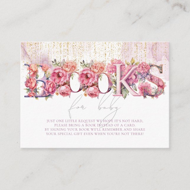 Tarjeta De Recepción Libros para bebé floral rosado Purpurina de oro (Anverso)