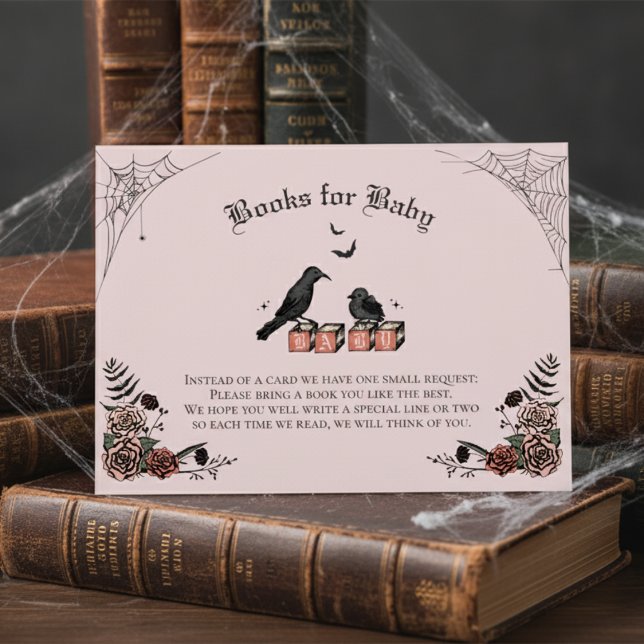 Tarjeta De Recepción Libros para bebé Raven de Baby Shower gótico rosa  (Cute Floral Gothic Halloween Baby Shower Books for Baby Pink Enclosure Card. Black Raven & Baby Bird)