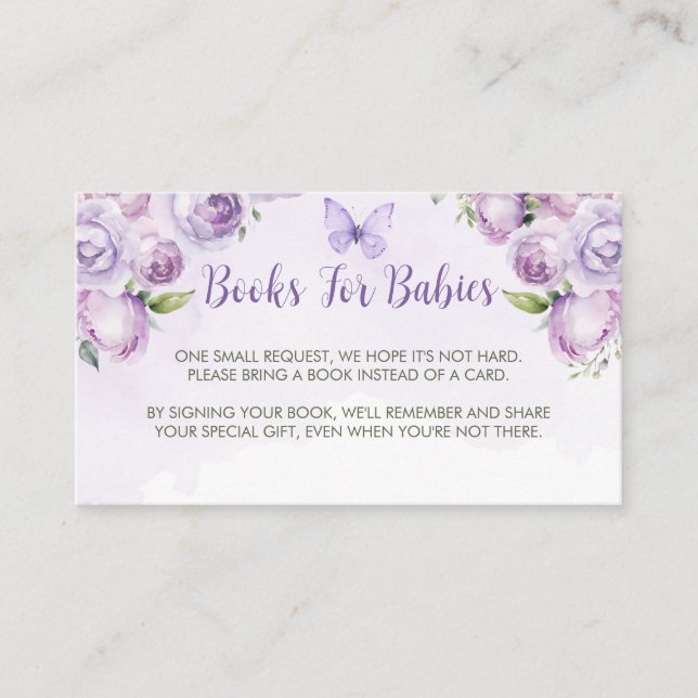 Tarjeta De Recepción Libros para bebés Baby Shower Morado Mariposa (Anverso)