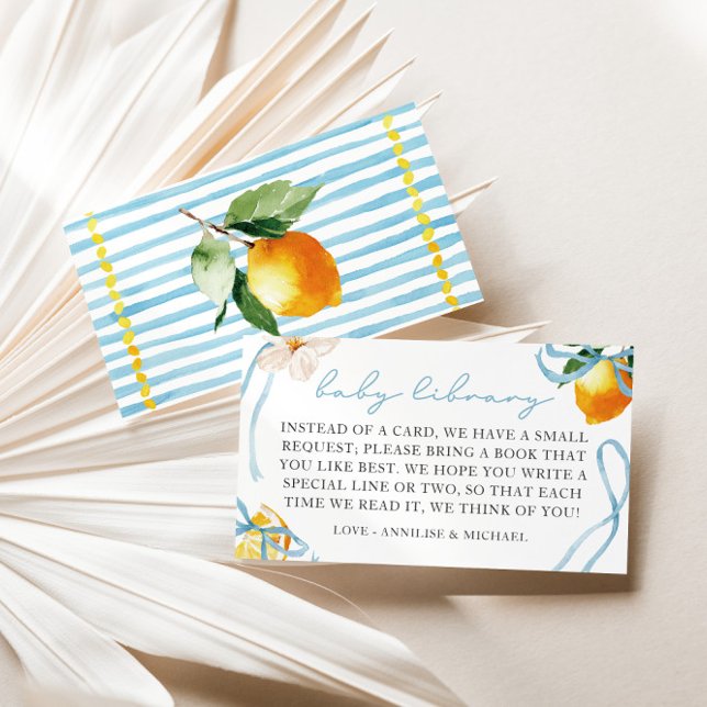 Tarjeta De Recepción Libros para bebés de Lemon & Bows para la bibliote (Boys Italian Lemon Books for Baby Library Enclosure Card)