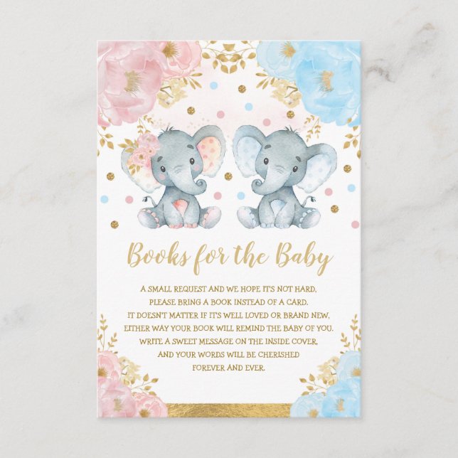 Tarjeta De Recepción Libros para bebés de mellizos de elefante floral r (Anverso)