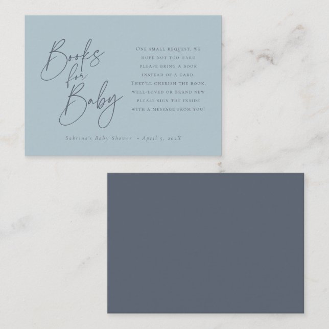 Tarjeta De Recepción Libros para bebés | Elegante guión azul turbio (Anverso / Reverso)