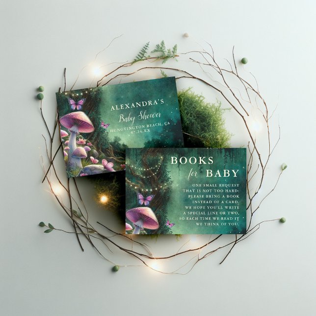 Tarjeta De Recepción Libros Para Bebés Encantados Con Hongos Rosados Fo (enchanted forest garden mushroom baby shower books for baby woodland magical green pink)