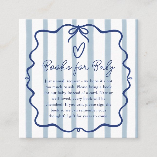 Tarjeta De Recepción Libros para el bebé Cumpleaños Temático Rayas Azul (Anverso)