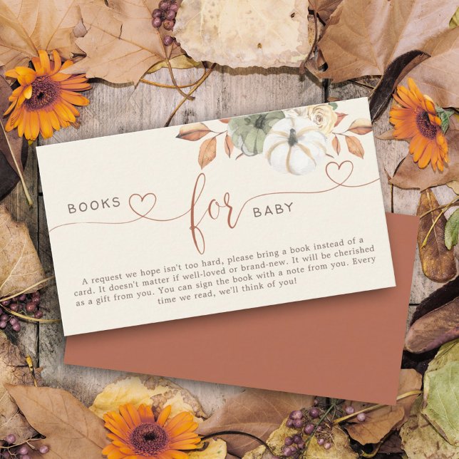 Tarjeta De Recepción Libros para la ducha de calabazas rusticas para be (Featuring a charming design that includes pumpkins on this books for baby enclosure card for shower.)