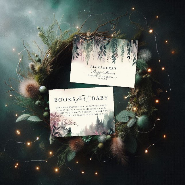 Tarjeta De Recepción Libros Para Las Montañas De Leche Forestal Encanta (books for baby card baby shower enclosure enchanted forest fairy mountains emerald mauve)