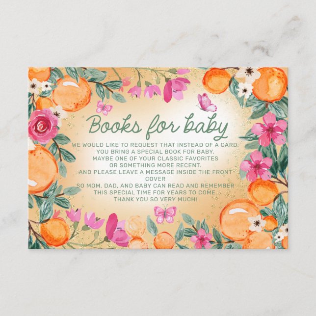Tarjeta De Recepción Libros para Naranjas bebés flores rosadas (Anverso)
