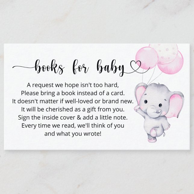 Tarjeta De Recepción Libros piden Baby Shower para bebé elefante rosa (Subido por el creador)