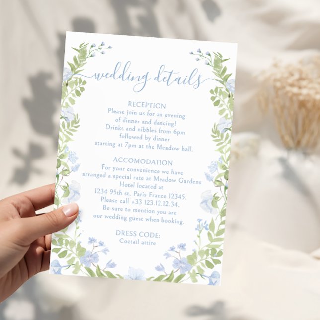 Tarjeta De Recepción Light blue floral Boho Chic Wedding Details Cards (Subido por el creador)