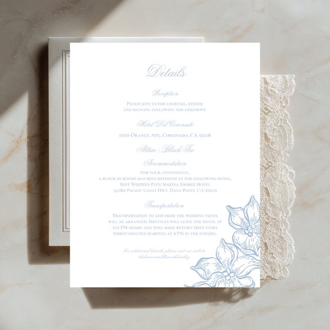 Tarjeta De Recepción Light Blue Outline Floral Wedding Details Card (Subido por el creador)