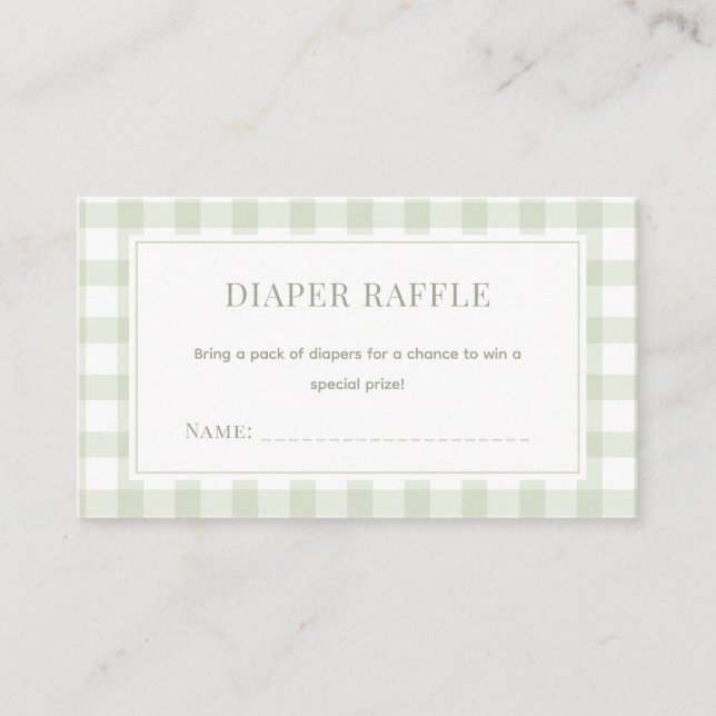 Tarjeta De Recepción Light Sage Green Gingham Baby Shower Diaper Raffle (Anverso)
