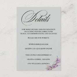 Tarjeta De Recepción Lilac floral Elegant Enclosure Card Details