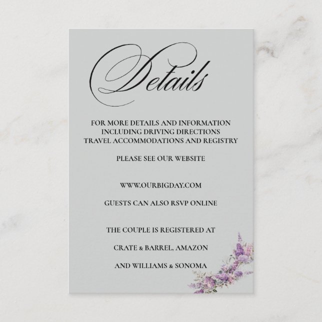Tarjeta De Recepción Lilac floral Elegant Enclosure Card Details (Anverso)