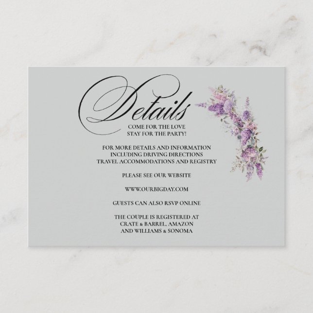Tarjeta De Recepción Lilac floral Enclosure Card Details (Anverso)