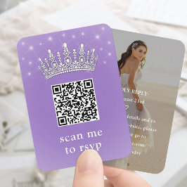 Tarjeta De Recepción Lilac Purple QR RSVP Quinceañera Crown & Photo