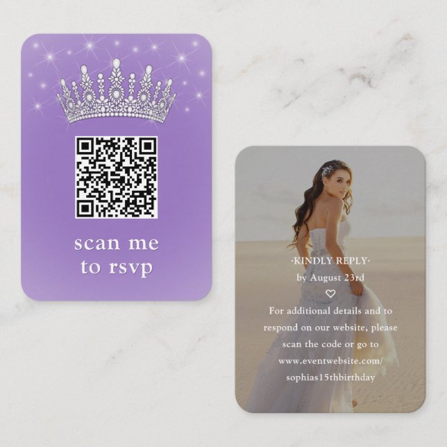 Tarjeta De Recepción Lilac Purple QR RSVP Quinceañera Crown & Photo (Anverso / Reverso)