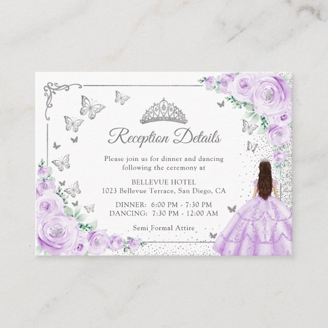 Tarjeta De Recepción Lilac Purple Silver Quincenarea Reception Details (Anverso)