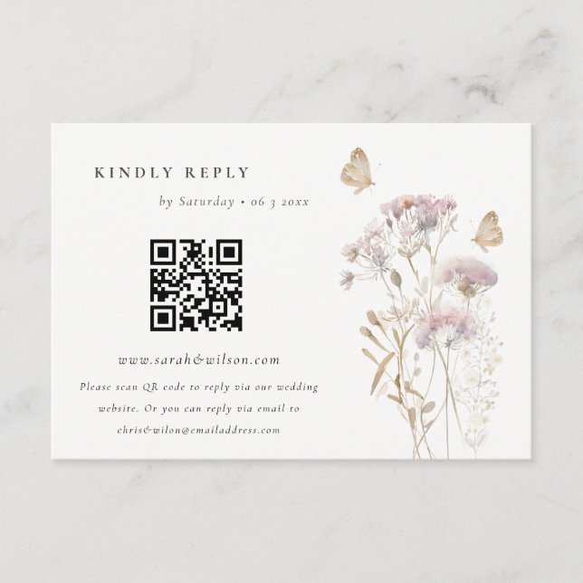 Tarjeta De Recepción Lilac Wildflower Fern Boda de follaje QR Código RS (Anverso)