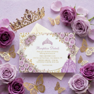 Tarjeta De Recepción Lilas Rosas Moradas Mariposa Dorada Quinceañera