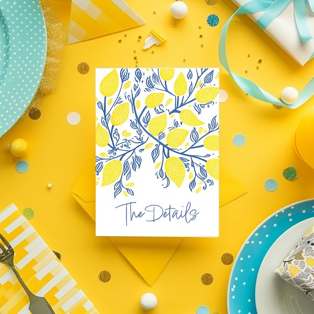 Tarjeta De Recepción Limón amarillo, vinas azules boda los detalles (Bright yellow and blue lemon vines wedding enclosure card that says "The Details" in elegant script)