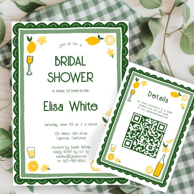 Tarjeta De Recepción Limonada de Limoncello con Código QR Personalizado (Limoncello Lemonade Lemons CUSTOM QR Code Bridal Shower Enclosure Card
)