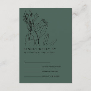 TARJETA DE RECEPCIÓN LÍNEA DE DIBUJO FLORAL BODA RSVP VERDE BOTELLA