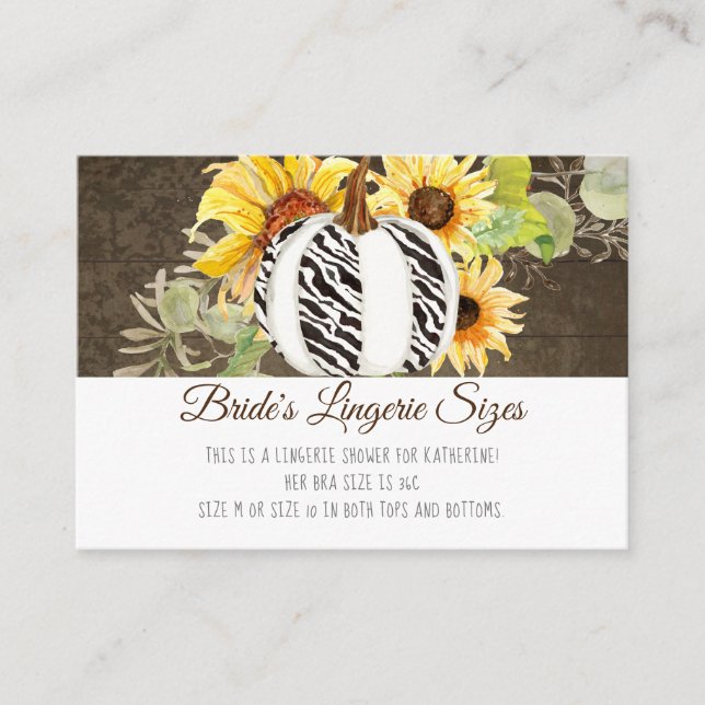 Tarjeta De Recepción Lingerie Bridal Shower Zebra Pumpkin n Sunflowers (Anverso)