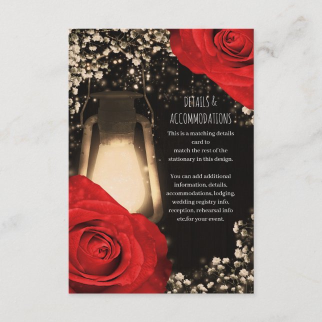 Tarjeta De Recepción Linterna de brillo rústico rosas rojas brillantes  (Anverso)