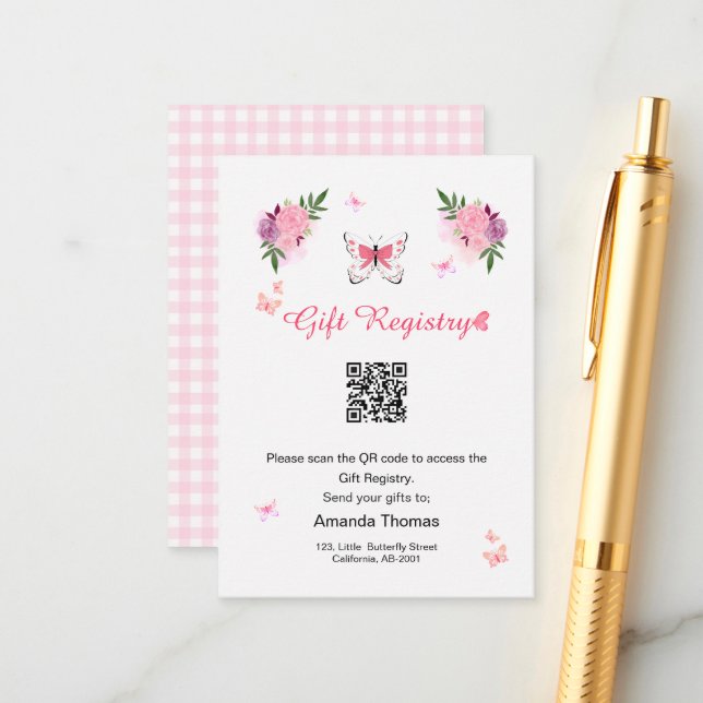Tarjeta De Recepción Little Butterfly Baby Shower Gift Registry QR Code (Anverso/Reverso In Situ)