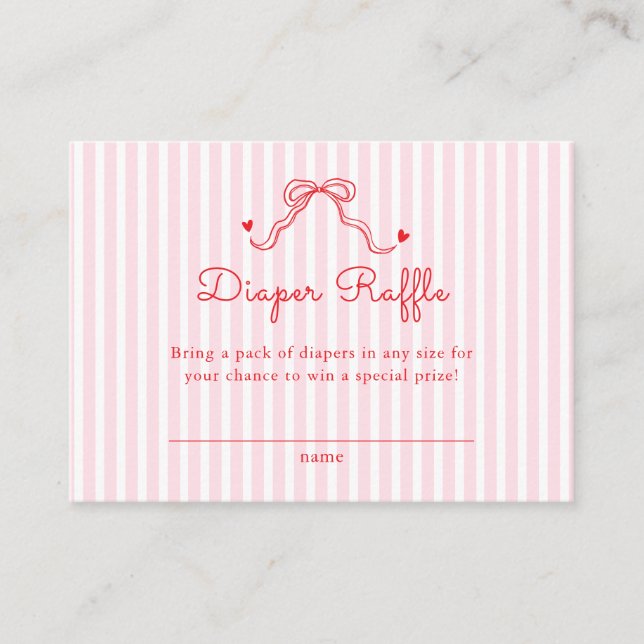 Tarjeta De Recepción Little Sweetheart Bow Pink Stripes Diaper Raffle (Anverso)