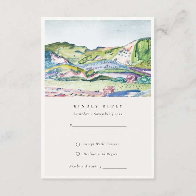 Tarjeta De Recepción Lively Mountain Scape Rubor Green Wedding RSVP (Anverso)