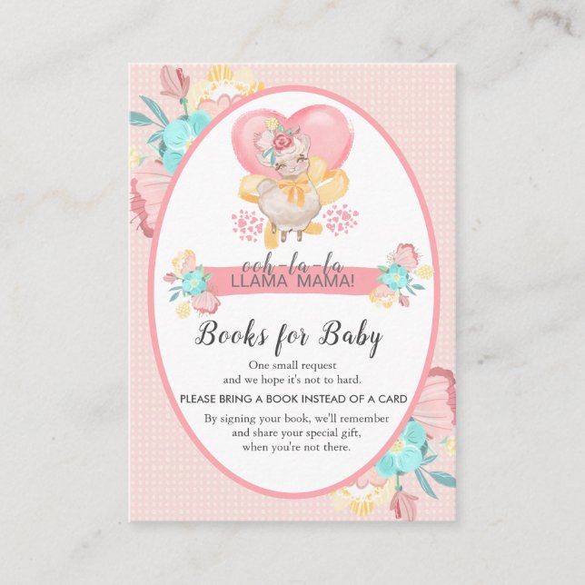 Tarjeta De Recepción Llama Baby Shower Floral rosa trae un libro (Anverso)
