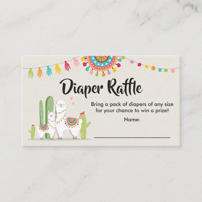 Tarjeta De Recepción Llama Diaper Raffle Card Fiesta Cactus Beber ducha (Anverso)