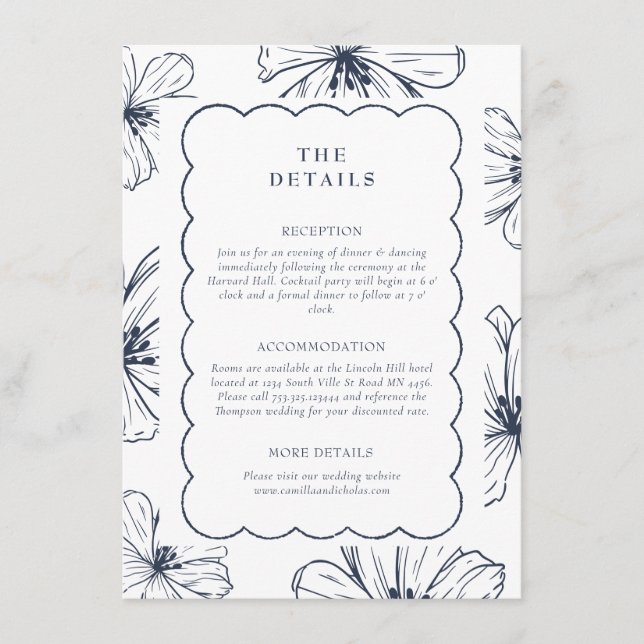 Tarjeta De Recepción Los detalles | Boda de patrón floral con lino azul (Anverso)